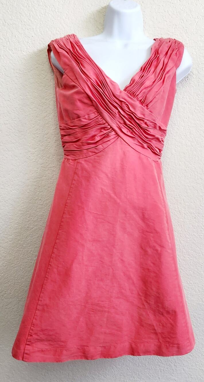 Mirror of Venus Anthropolgie Coral Orange Silk V Neck A Line Dress 2 L Pleated